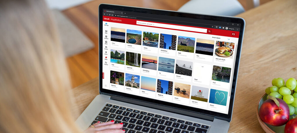 Eine Person sitzt am Laptop und schaut sich eine Auswahl an Fotos an.