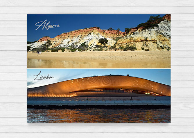Zwei atemberaubende Reiseziele: die Küste von Algarve mit beeindruckenden Klippen und das moderne Museu do Amanhã in Lissabon bei Nacht