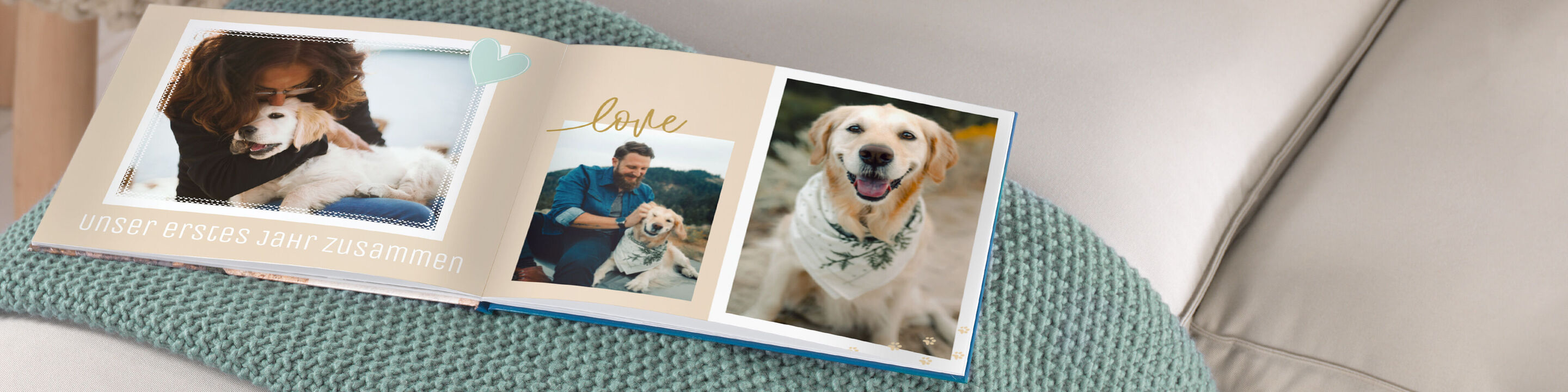 Frau mit Hund schaut in ein Fotobuch, das Erinnerungen zeigt