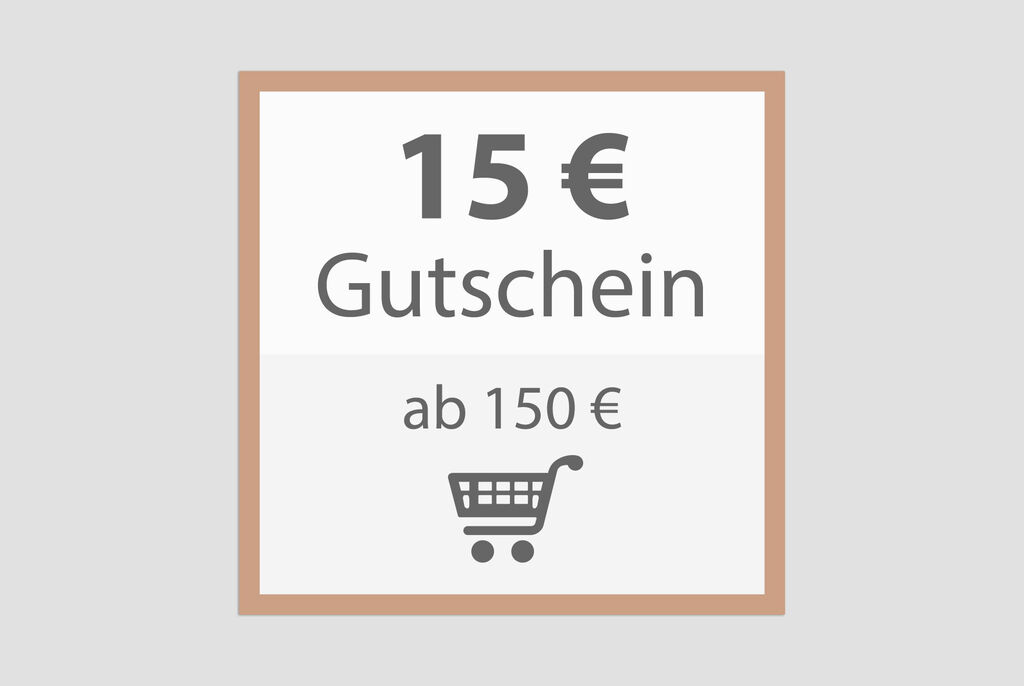 Gutschein über 15 Euro bei einem Einkauf ab 150 Euro mit Einkaufswagen-Symbol