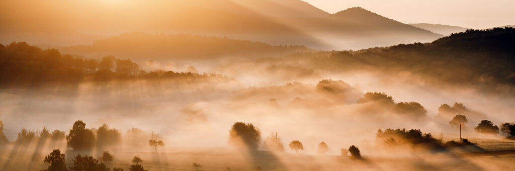 Morgendlicher Sonnenaufgang über einem nebeligen Tal mit sanften Hügeln