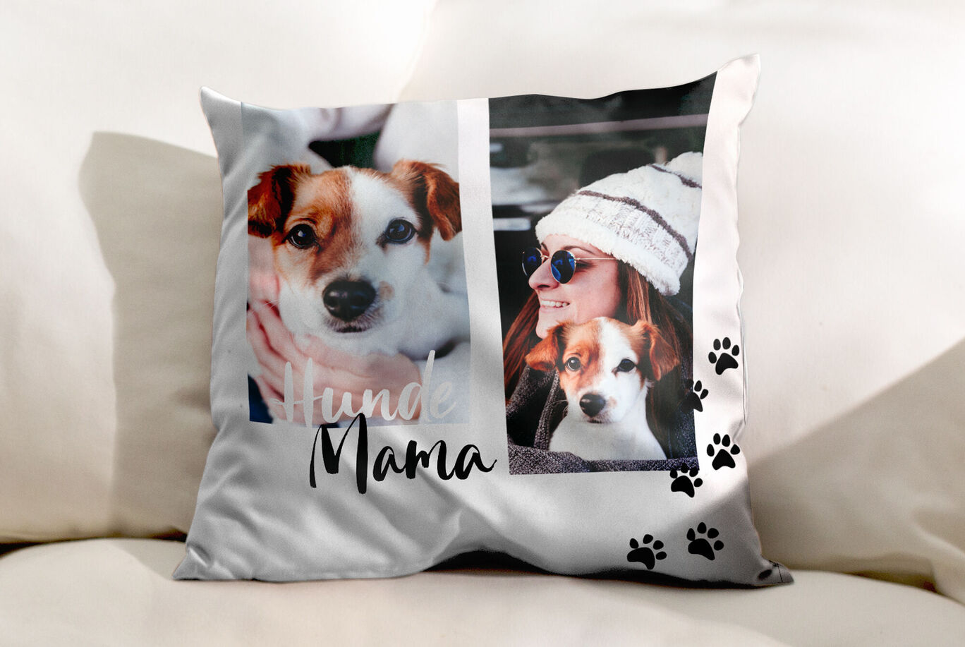 Ein liebevoll gestaltetes Kissen mit einem Bild eines Hundes und dem Text "Hund Mama".