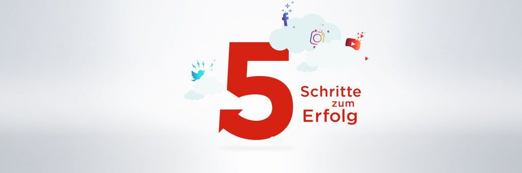 Die Zahl fünf in rot steht im Mittelpunkt mit bunten Wolken, die Symbole von sozialen Medien zeigen, die den Weg zum Erfolg symbolisieren