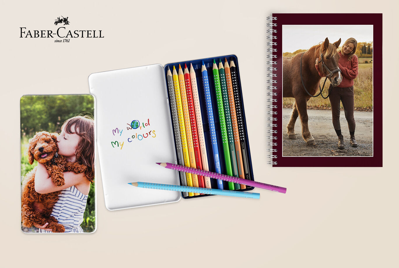 Ein Mädchen mit einem Hund umarmt ein Foto in einem bunten Buntstiftetui von Faber-Castell