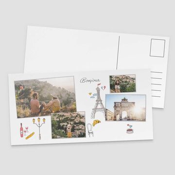 Zwei Personen genießen die Aussicht, umgeben von Fotos und bunten Illustrationen auf einer Postkarte.