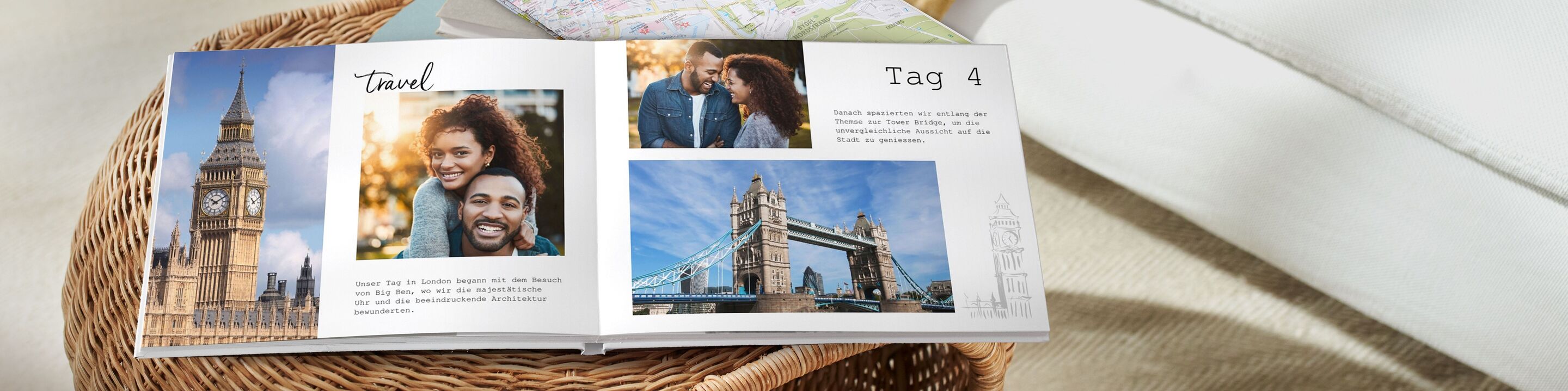 Ein offenes CEWE FOTOBUCH mit Reiseerinnerungen. Es zeigt den Big Ben und die Tower Bridge sowie einen Tag 4-Teil.