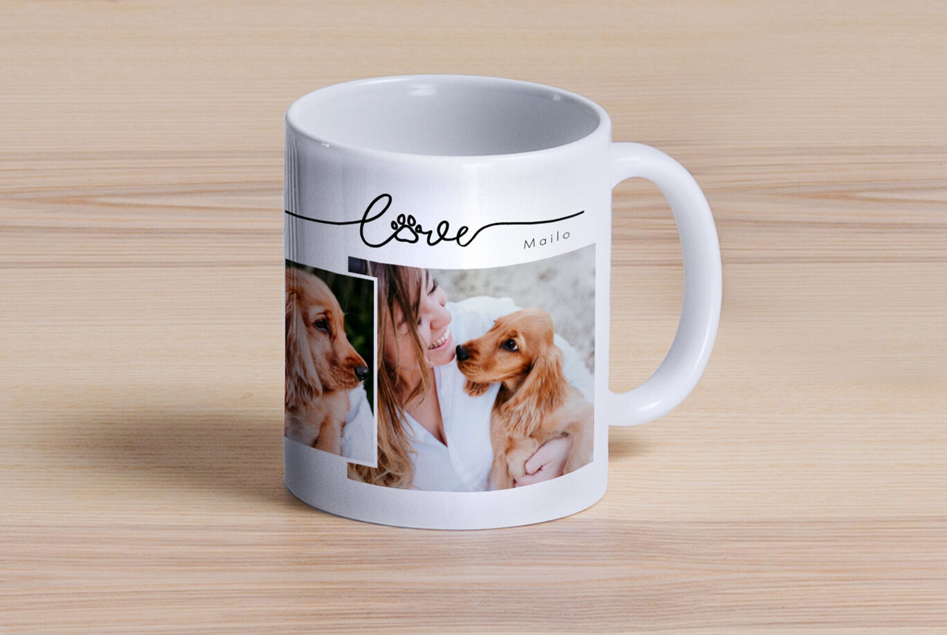 Tasse mit Bildern von einem Hund und einer Frau, die sich liebevoll umarmen