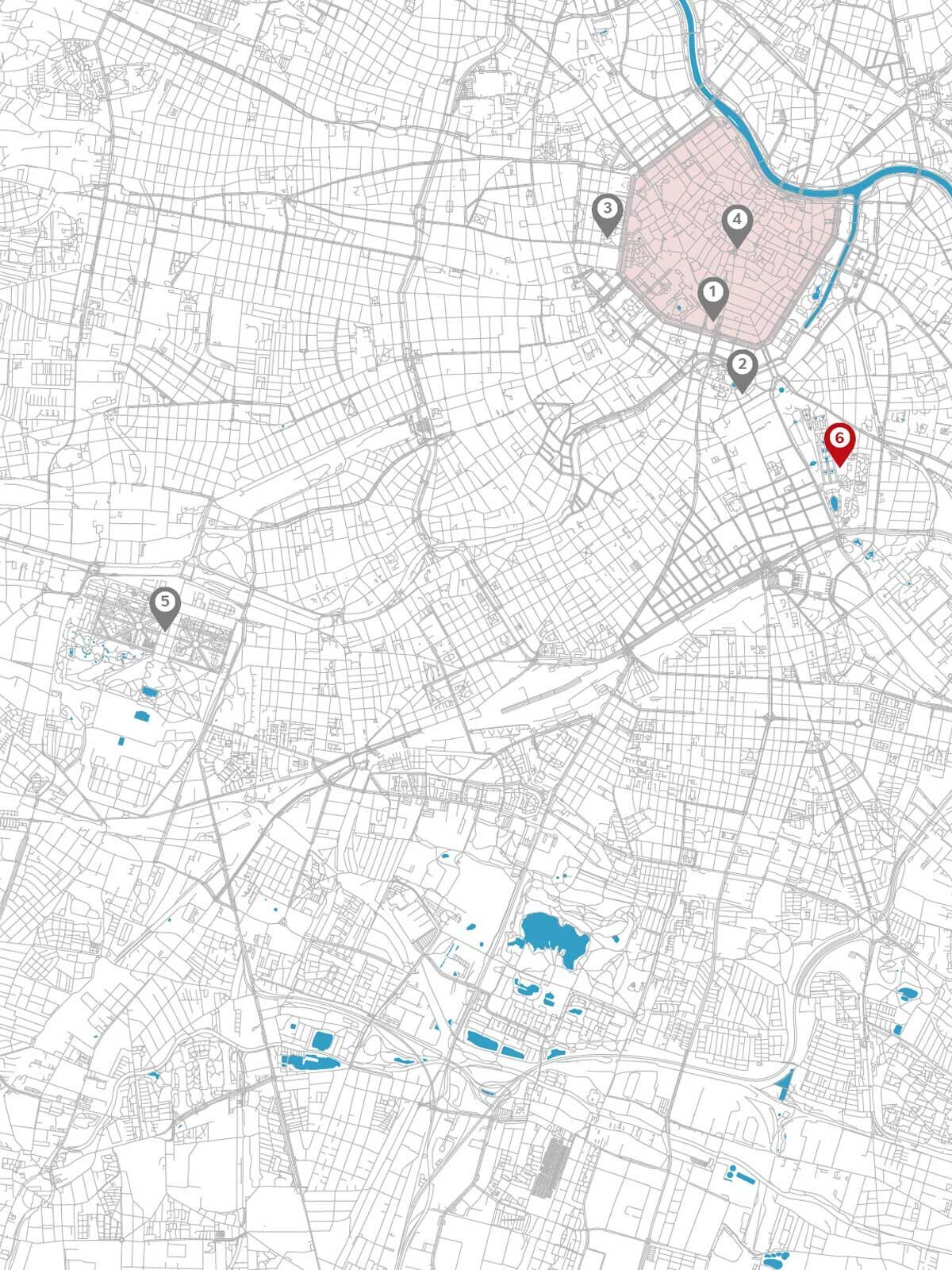 Eine Karte mit markierten Orten in Rot und Schwarz, die verschiedene Punkte in der Stadt zeigt