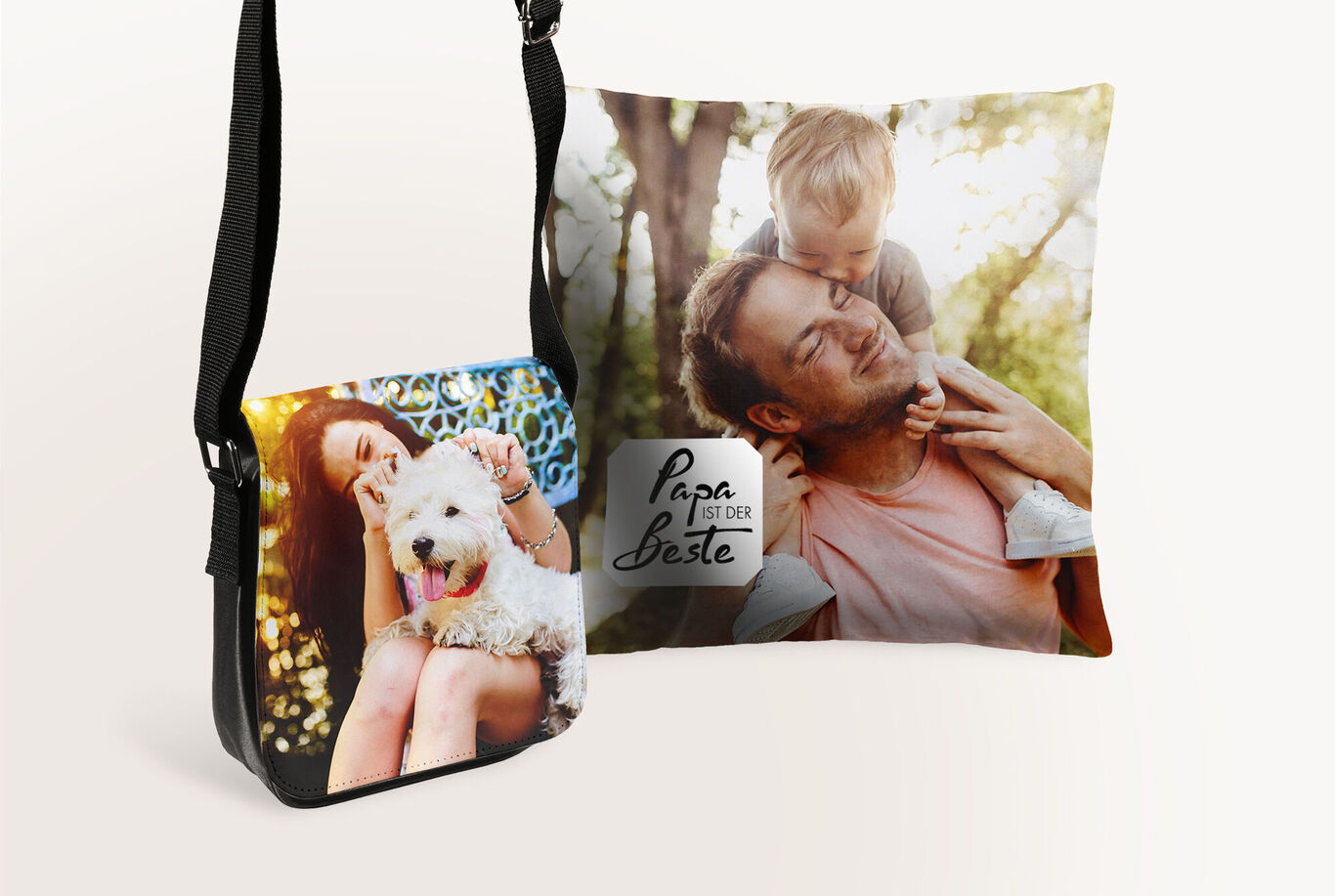 Eine Frau mit einem Hund auf einem Fotodesign und ein Kissen mit einem Kind und einem Vater, darauf steht 'Papa ist der Beste'