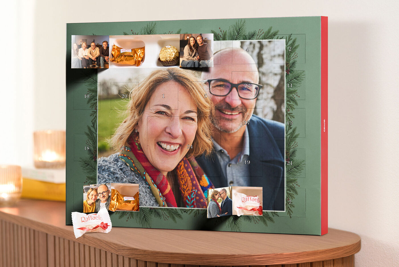 Foto-Adventskalender in A3 Format mit Prallinen von Ferrero und Türchenbildern.