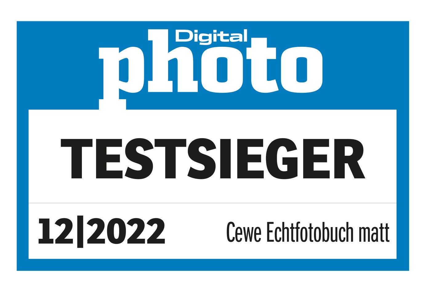 Das Echtfotobuch von CEWE in matt erhält vom Magazin Digital Photo in der Ausgabe 12/2022 die Auszeichnung als Testsieger