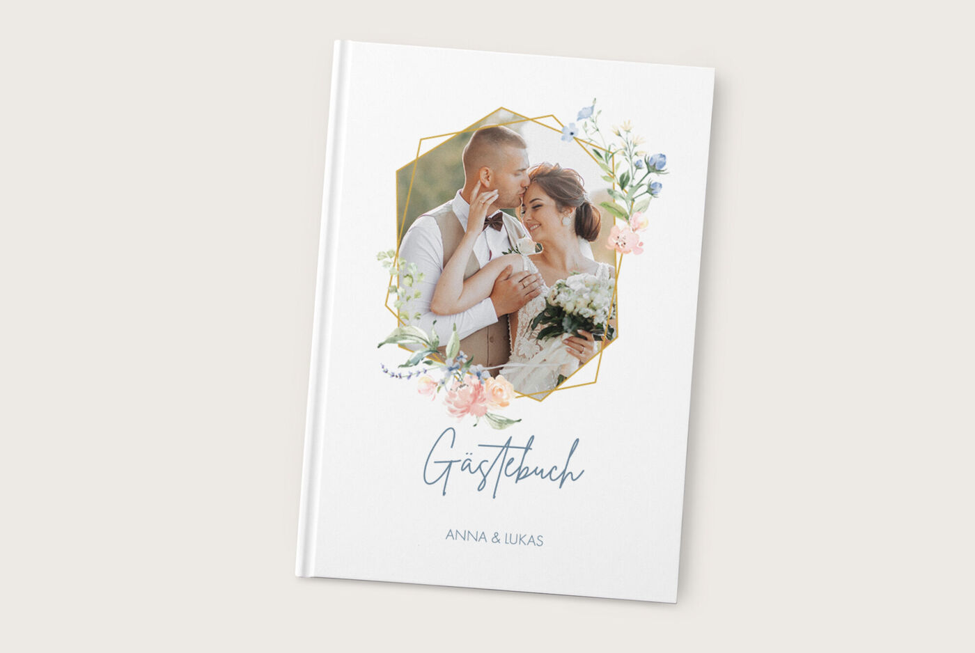 Elegantes Gästebuch mit floralem Rahmen, das für eine Hochzeit gestaltet wurde, mit den Namen Anna und Lukas