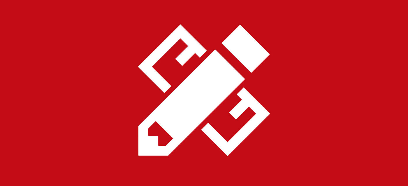 Ein einfaches, modernes Logo mit einem weißen Stift und zwei Händen auf rotem Hintergrund