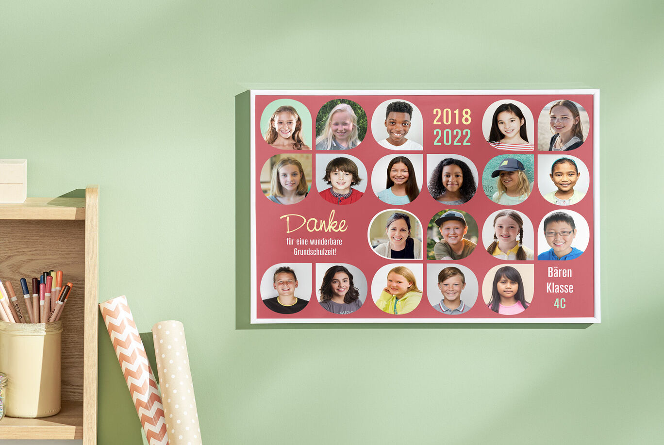 Collage mit Dankeschön für Grundschulzeit und Schülerbildern, farbenfrohes Design.