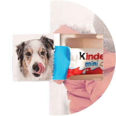 Ein Hund mit nassem Fell leckt sich die Schnauze, während er neben einer bunten Verpackung von Kinder Schokolade steht