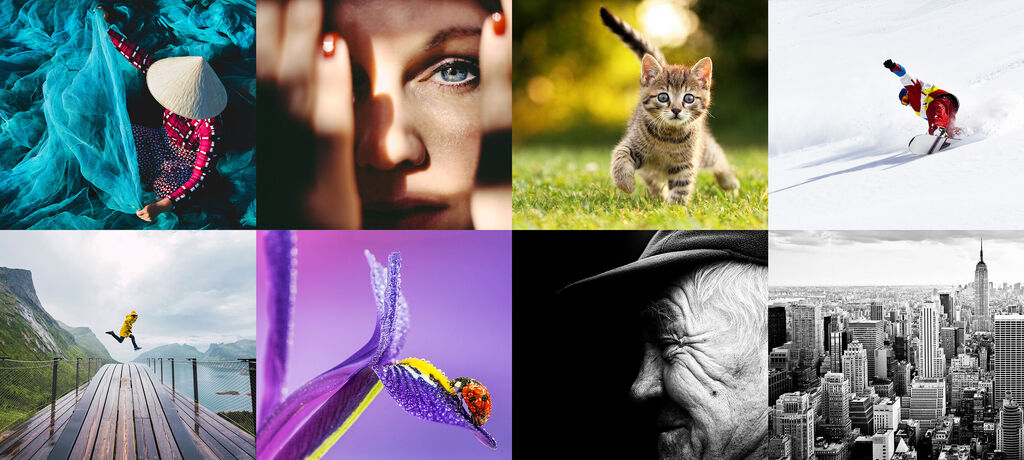 Eine ansprechende Collage zeigt verschiedene Erlebnisse: eine Frau mit einem Hut, ein spielendes Kätzchen, Skifahren, einen Spaziergang auf einer Holzplattform, eine Blume mit einem Schmetterling, und eine Stadtansicht. Jedes Bild strahlt Freude und Aben