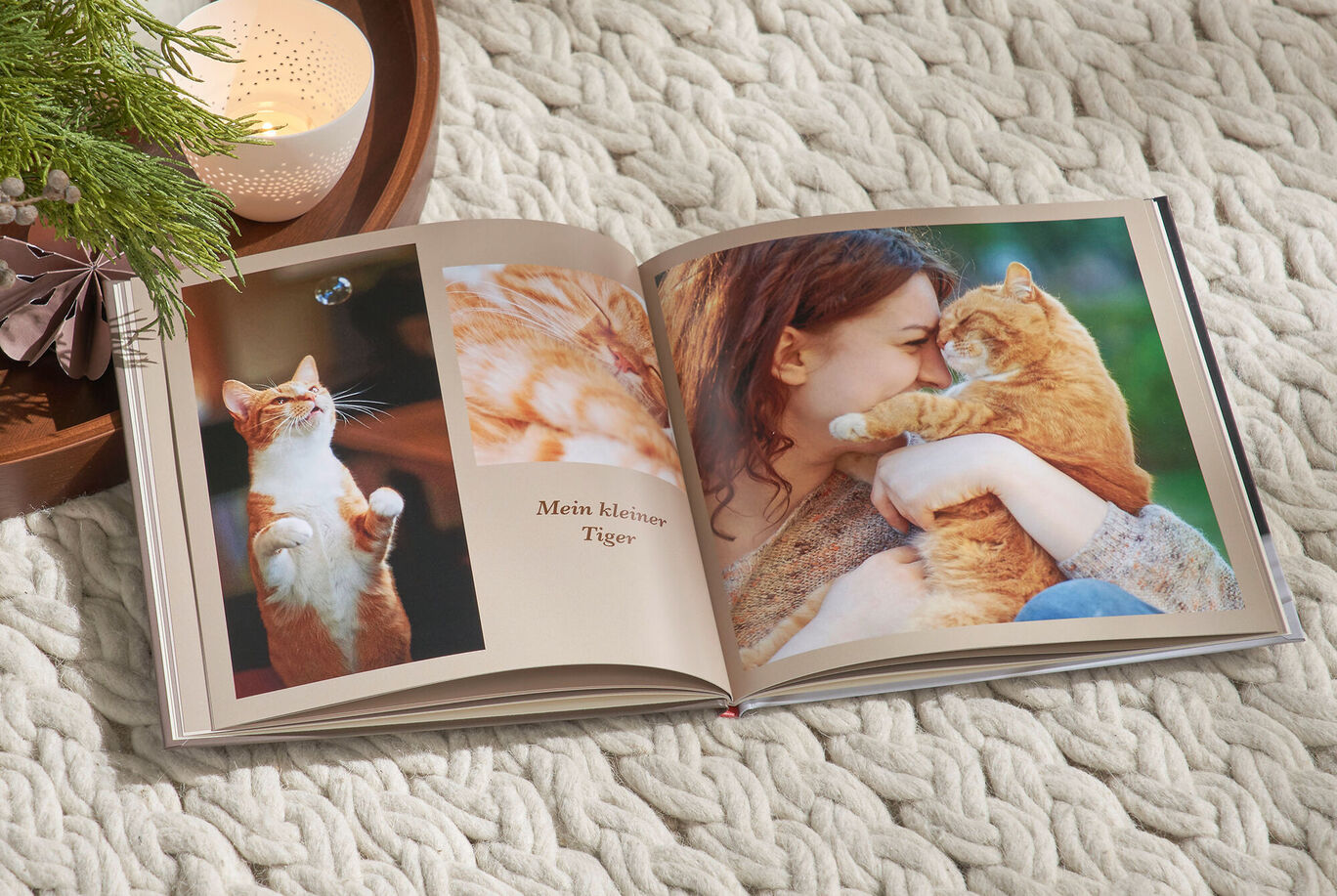 Ein geöffnetes Fotobuch mit Katzenfotos und einem liebevollen Moment.