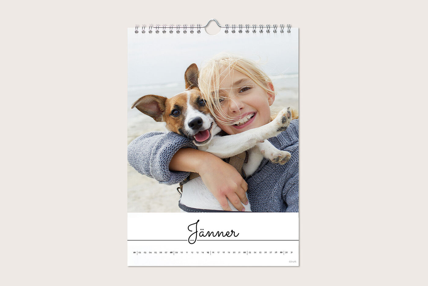Ein Kalenderblatt für den Monat Januar zeigt eine Person, die einen kleinen Hund in den Händen hält. Der Hintergrund zeigt einen Strand.