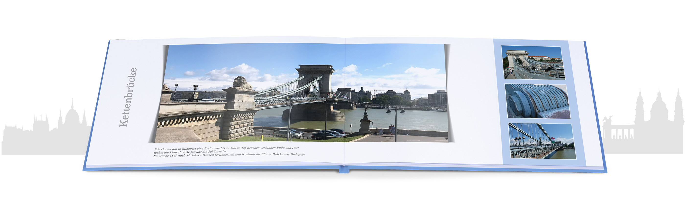 CEWE Fotobuch mit Panoramafenster und Fotoseiten, aufgeschlagen mit Blick auf die Kettenbrücke in Budapest