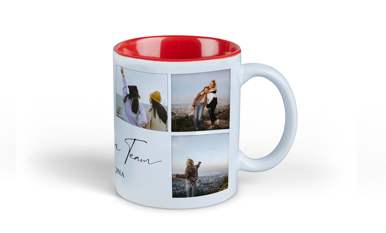 Panorama-Fototasse mit Innenfarbe in Rot mit Reisefotos von zwei Frauen.
