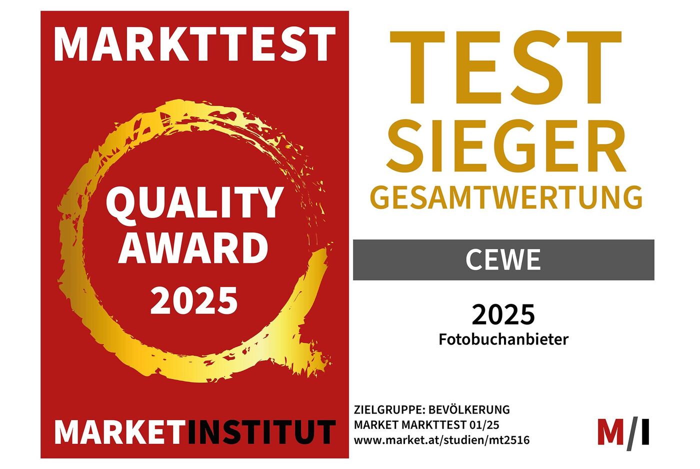 Das Bild zeigt das CEWE Logo mit dem Qualitätspreis des Marktinstituts für 2025.