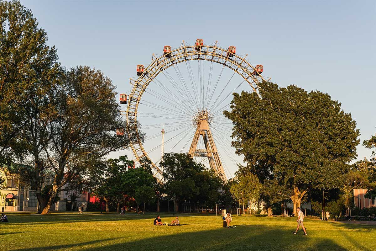 Großes Riesenrad im Freizeitpark umgeben von grünen Bäumen und Wiese