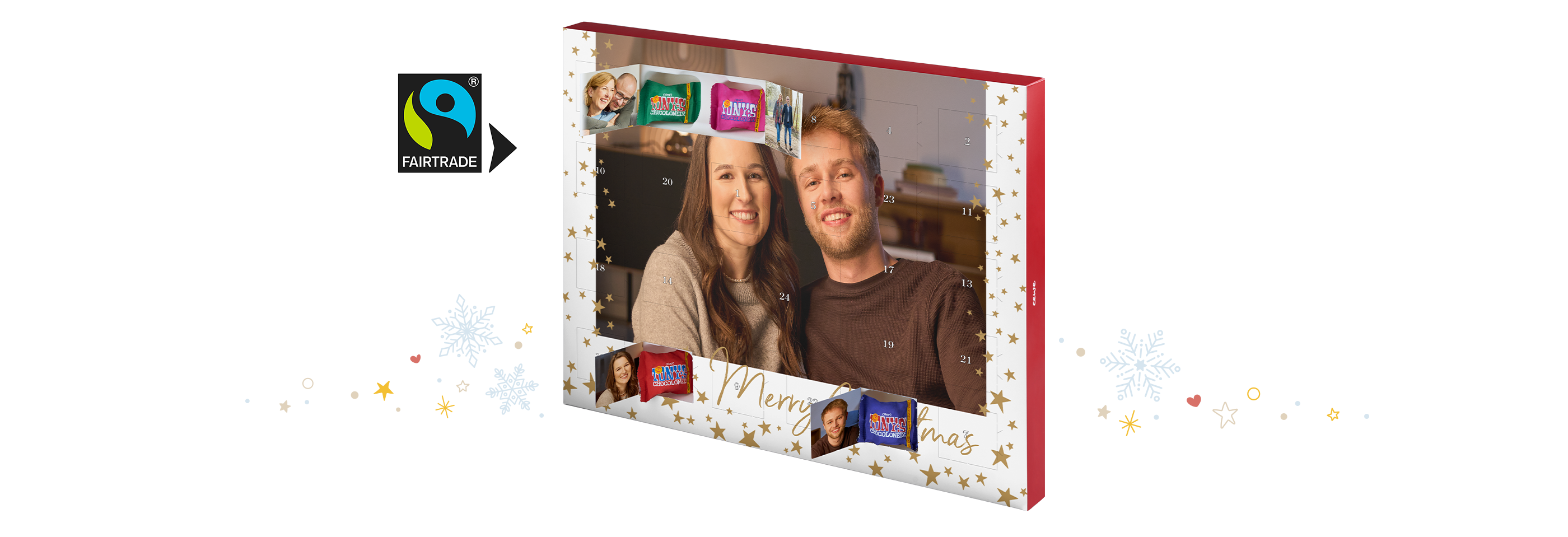 CEWE Adventskalender gefüllt mit nachhaltige Schokolade und einem Foto eines Paares und dem Fairtrade Logo