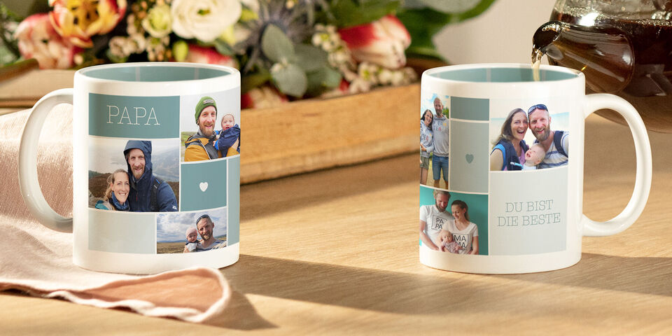 Tasse mit persönlichen Fotos und dem Text 'Du bist die Beste' und 'PAPA'