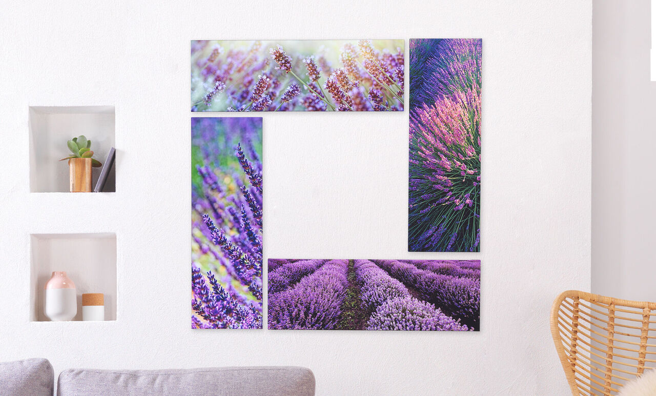 Wunderschöne Wanddekoration mit Lavendelmotiven in verschiedenen Formen