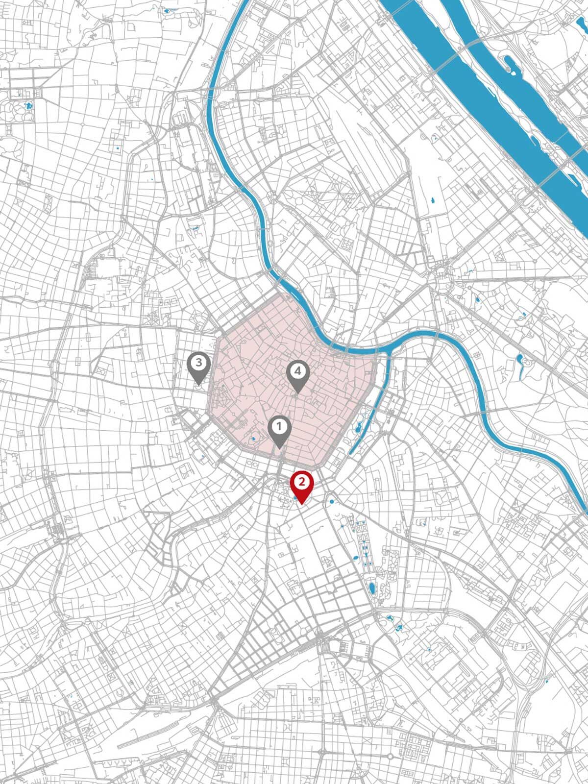 Karte mit markierten Punkten in der Stadt, eine Nummer zeigt den aktuellen Standort an