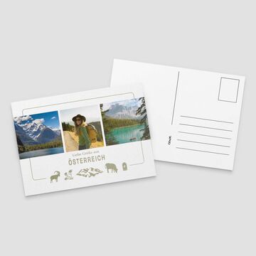 Eine wunderschöne Grußkarte mit Fotocollage aus Österreich. Sie zeigt Bilder von Bergen, einem See und einer grünen Wiese.