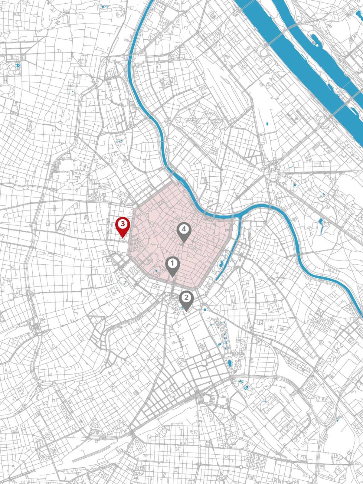 Karte mit roten und grauen Markierungen in einer Stadt