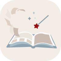 Illustration eines aufgeschlagenen Buches mit magischen Elementen und einem Zauberstab.