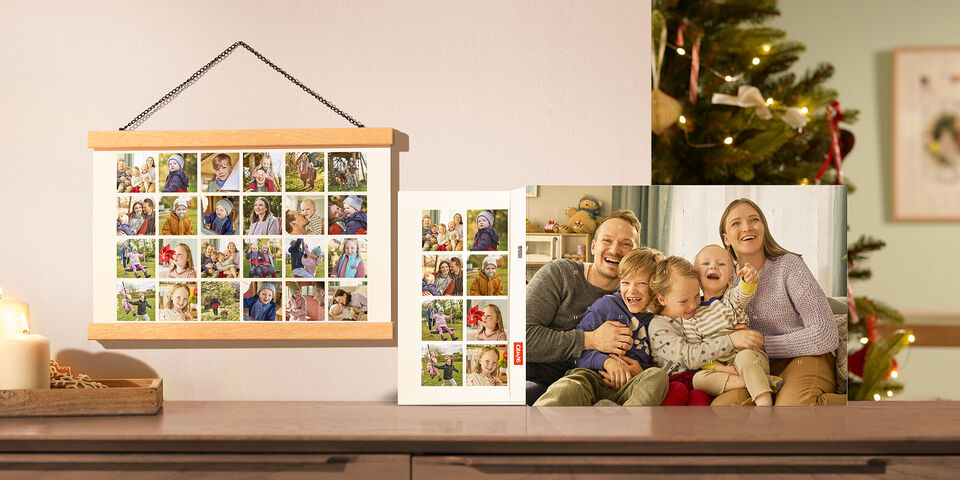 Die Foto-Adventskalender von CEWE ohne Schokolade als Postercollage mit Familienfotos