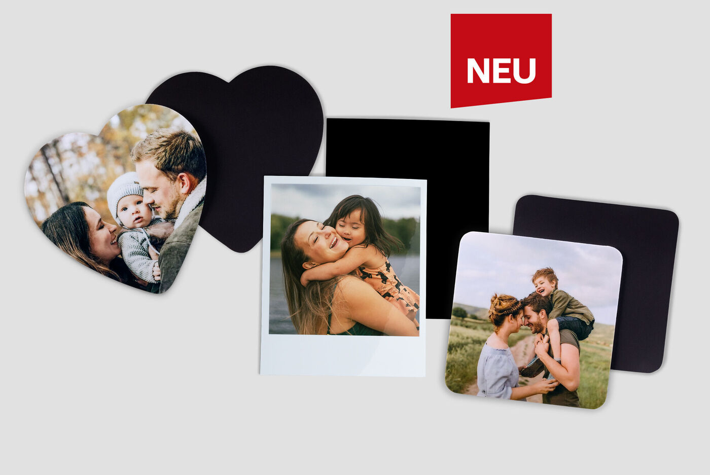 Fünf Fotos in verschiedenen Formen, darunter Herz und Quadrat, zusammen mit dem Hinweis 'NEU' in rot.