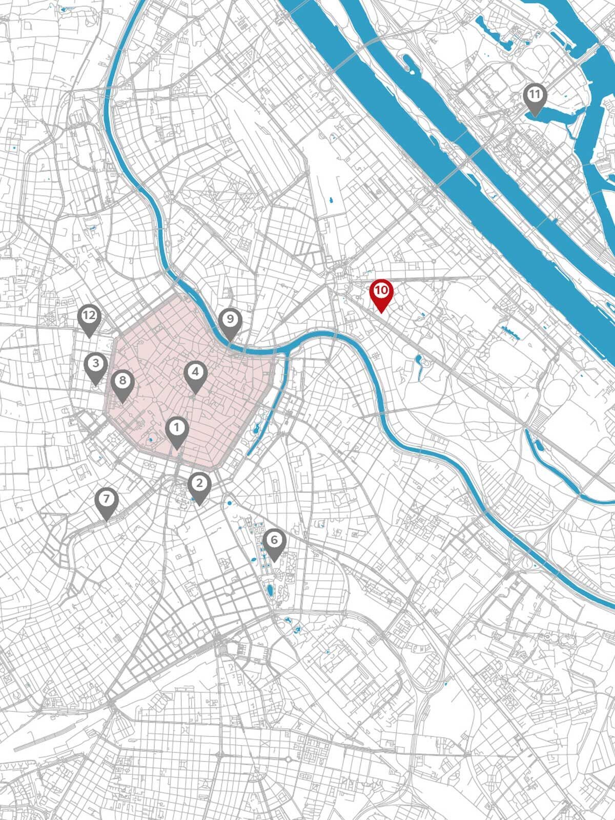 Karte einer Stadt mit markierten Punkten, wichtig für Orientierung