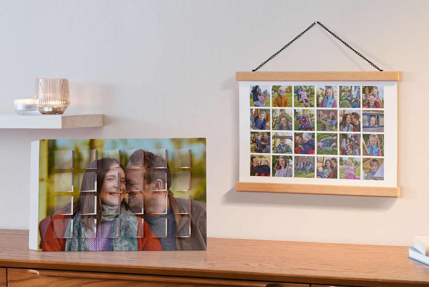 CEWE Adventskalender mit Fotos und als Postercollage mit Holzleiste auf einer Kommode und mit Familienfotos
