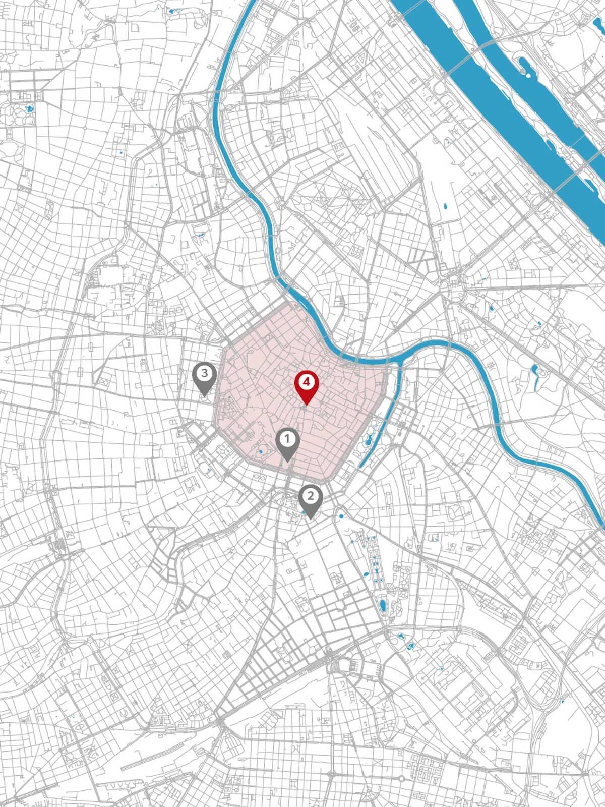 Karte einer Stadt mit markierten Punkten und einem eingezeichneten Bereich.