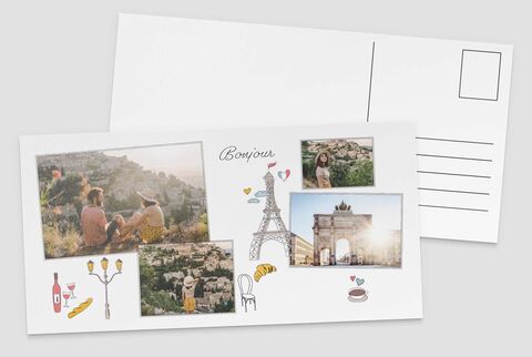 Eine fröhliche Grußkarte mit mehreren Fotos von Freunden im Freien, mit dem Eiffelturm und handgezeichneten Details.