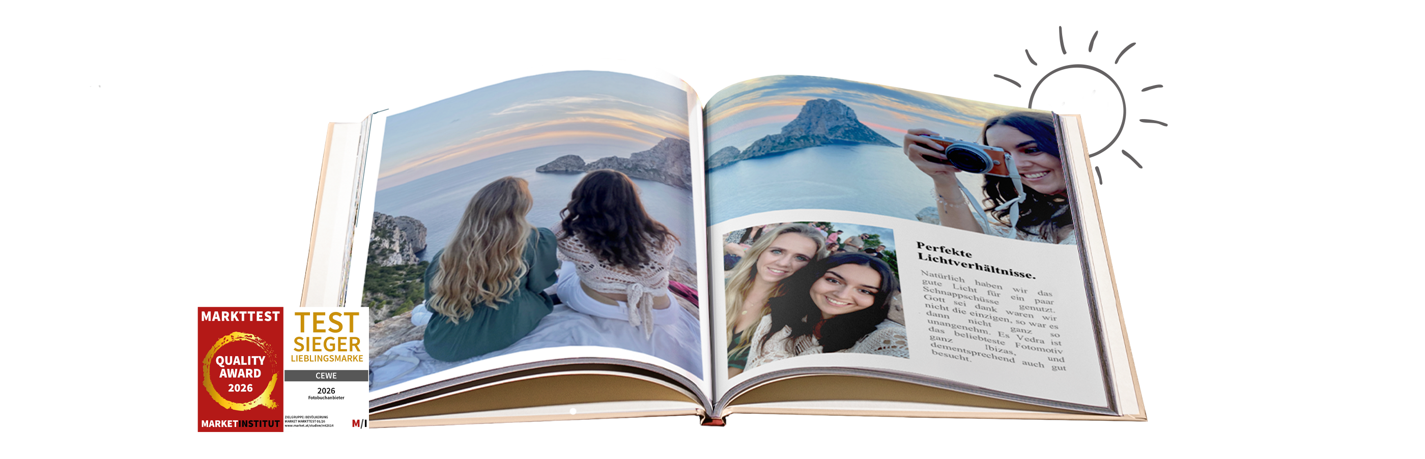 Zwei Frauen genießen den Ausblick in einem Fotobuch, während die Sonne untergeht