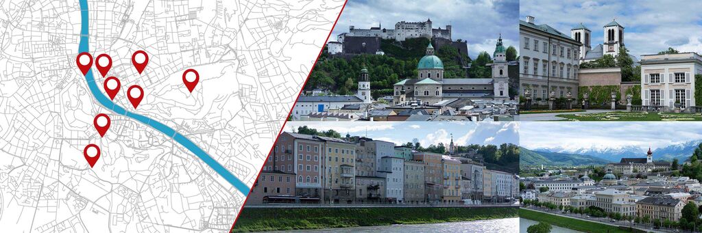 Karte mit markierten Punkten und historischen Gebäuden in Salzburg