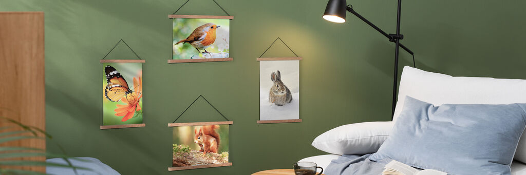 Wandbilder mit Tieren und einer Blume hängen an einer grünen Wand über einem Bett