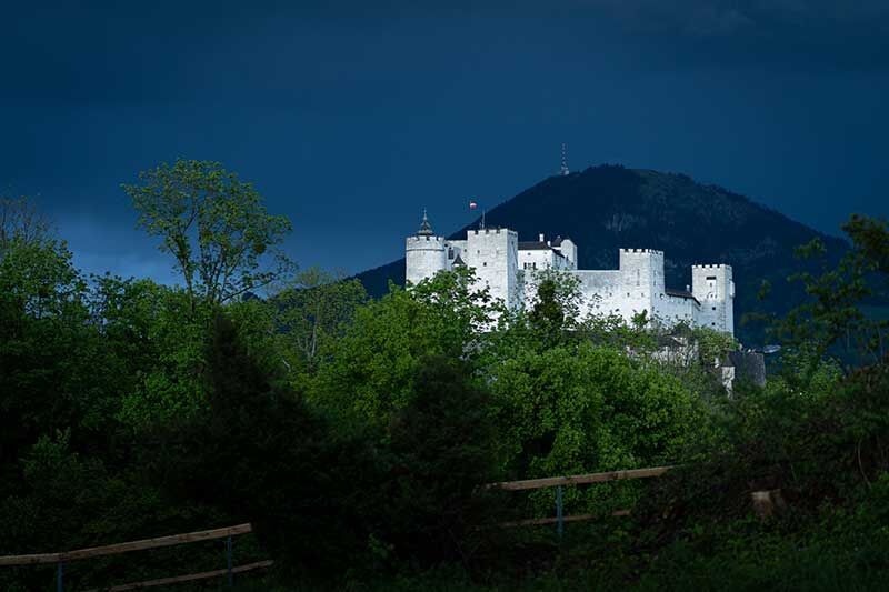 Eine malerische Burg inmitten grüner Bäume, umgeben von dichtem Wald bei bewölktem Himmel.