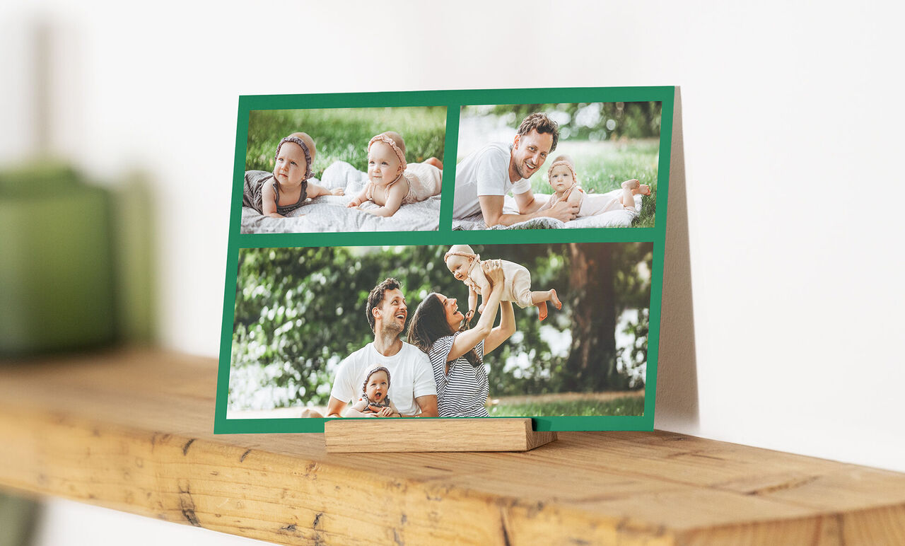 Wundervolle grüne Grußkarte mit Familienfotos im Freien