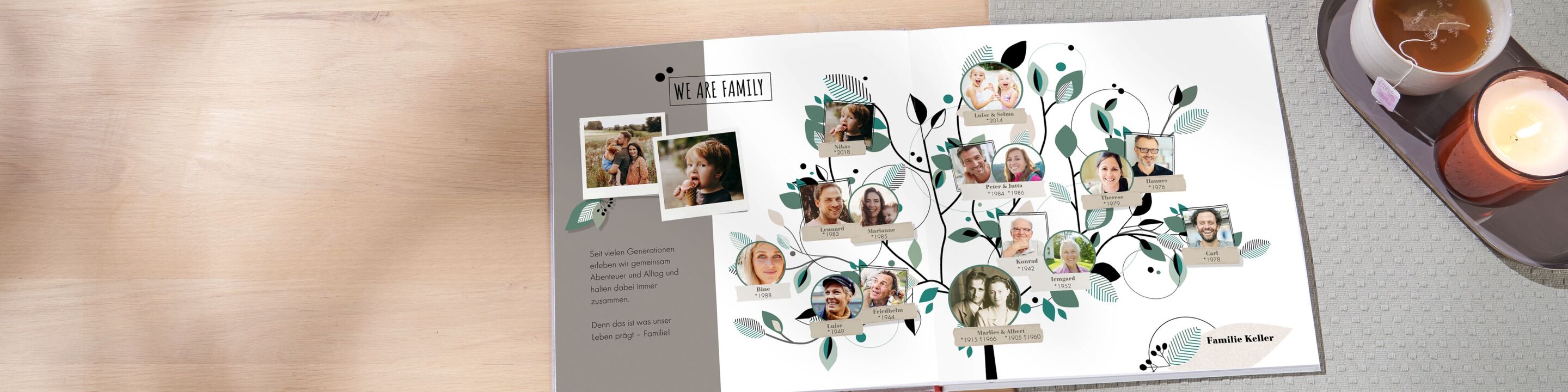 Ein CEWE FOTOBUCH mit Fotomontage eines Familienbaums und persönlichen Erinnerungen.