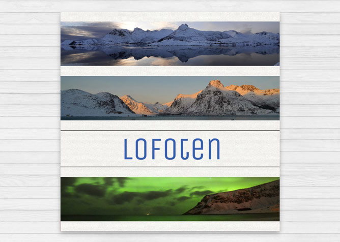 Vier Bilder von Lofoten zeigen Berglandschaften und das Nordlicht