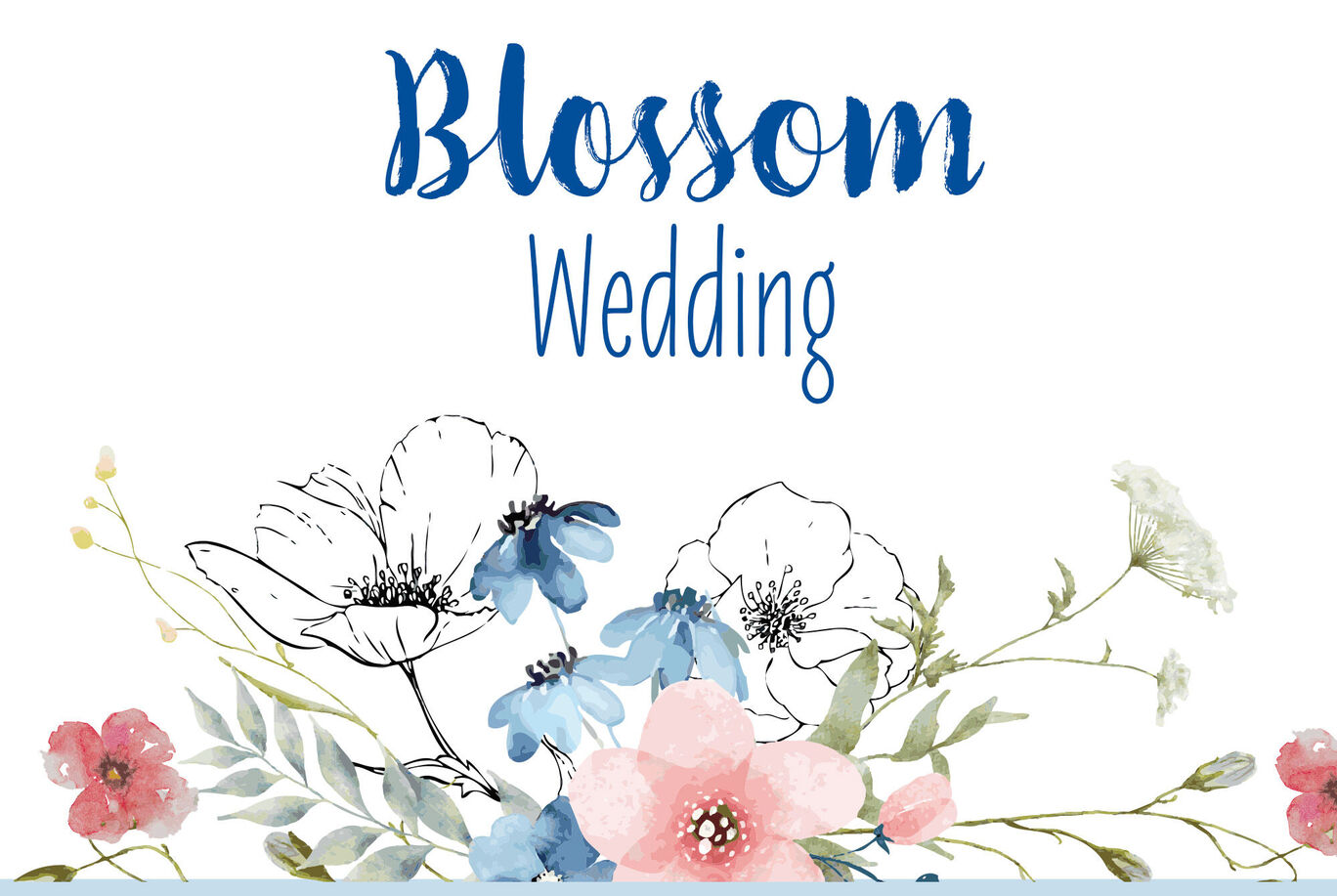 Hochzeitseinladung mit floralen Motiven und Schriftzug 'Blossom Wedding'