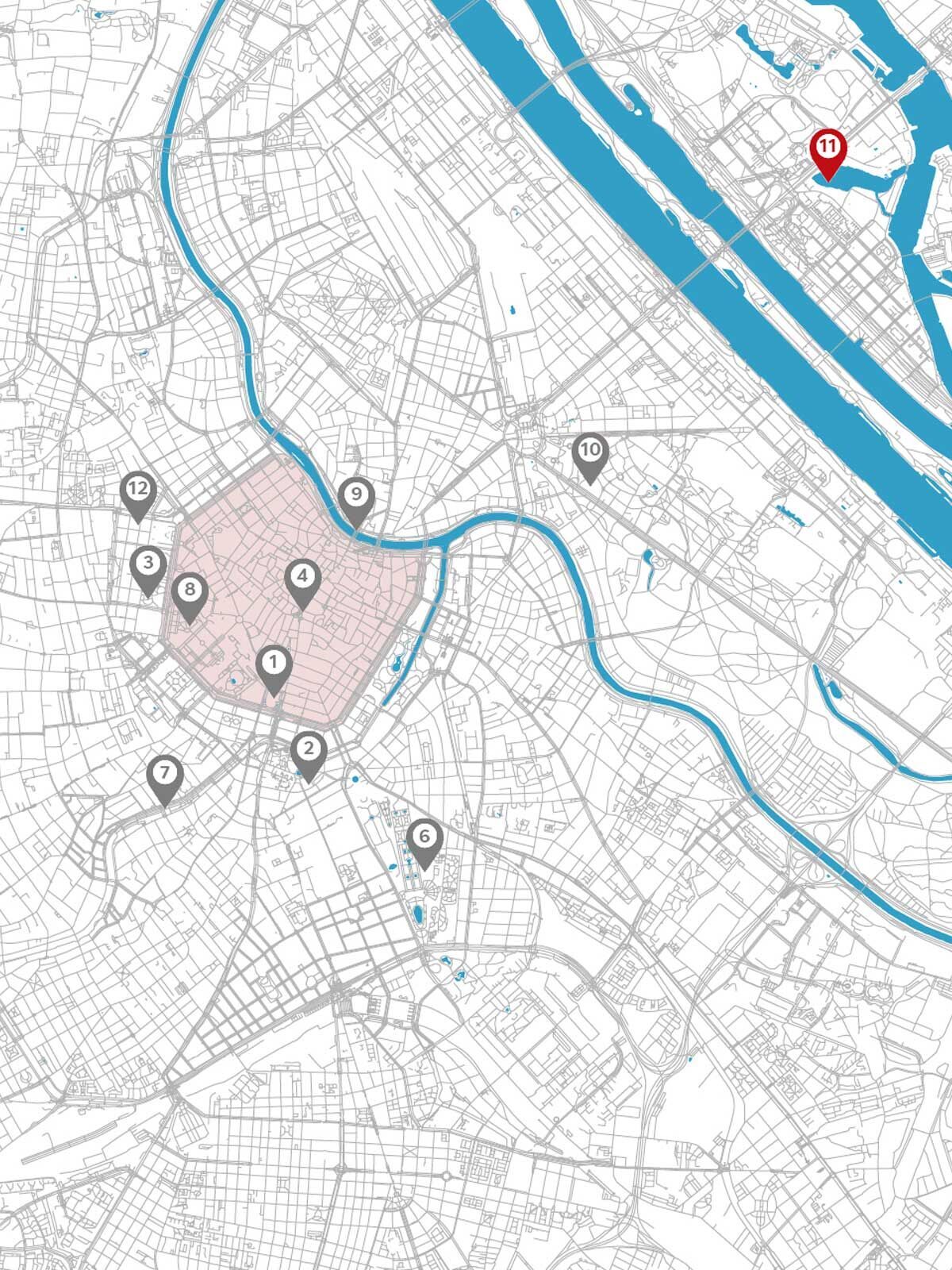 Karte einer Stadt mit markierten Punkten und Flüssen