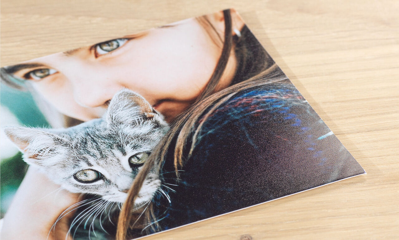 Eine liebevolle Nahaufnahme eines Fotos von einer Katze, die auf einem Tisch liegt
