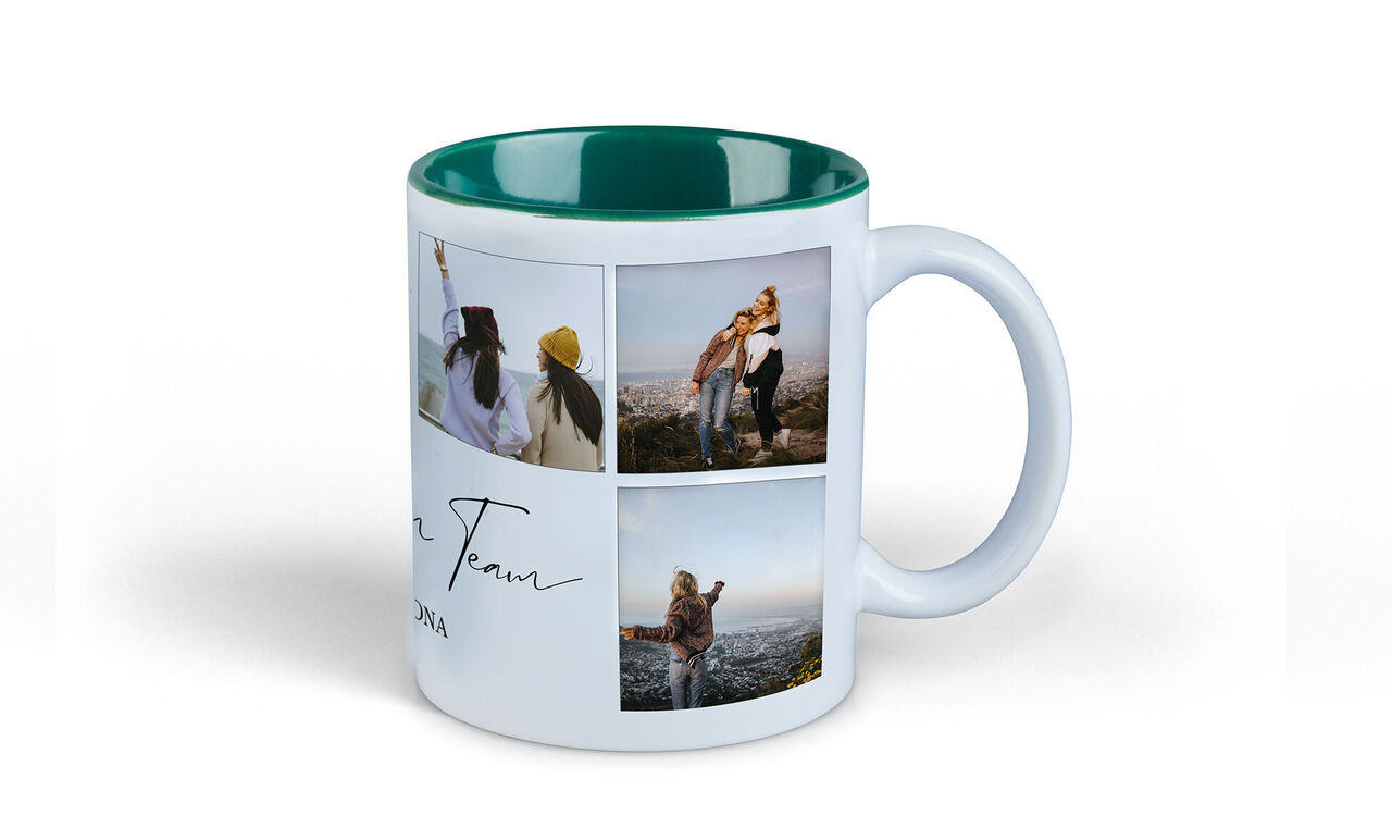 Tasse mit Fotos von Freunden und liebevollem Text